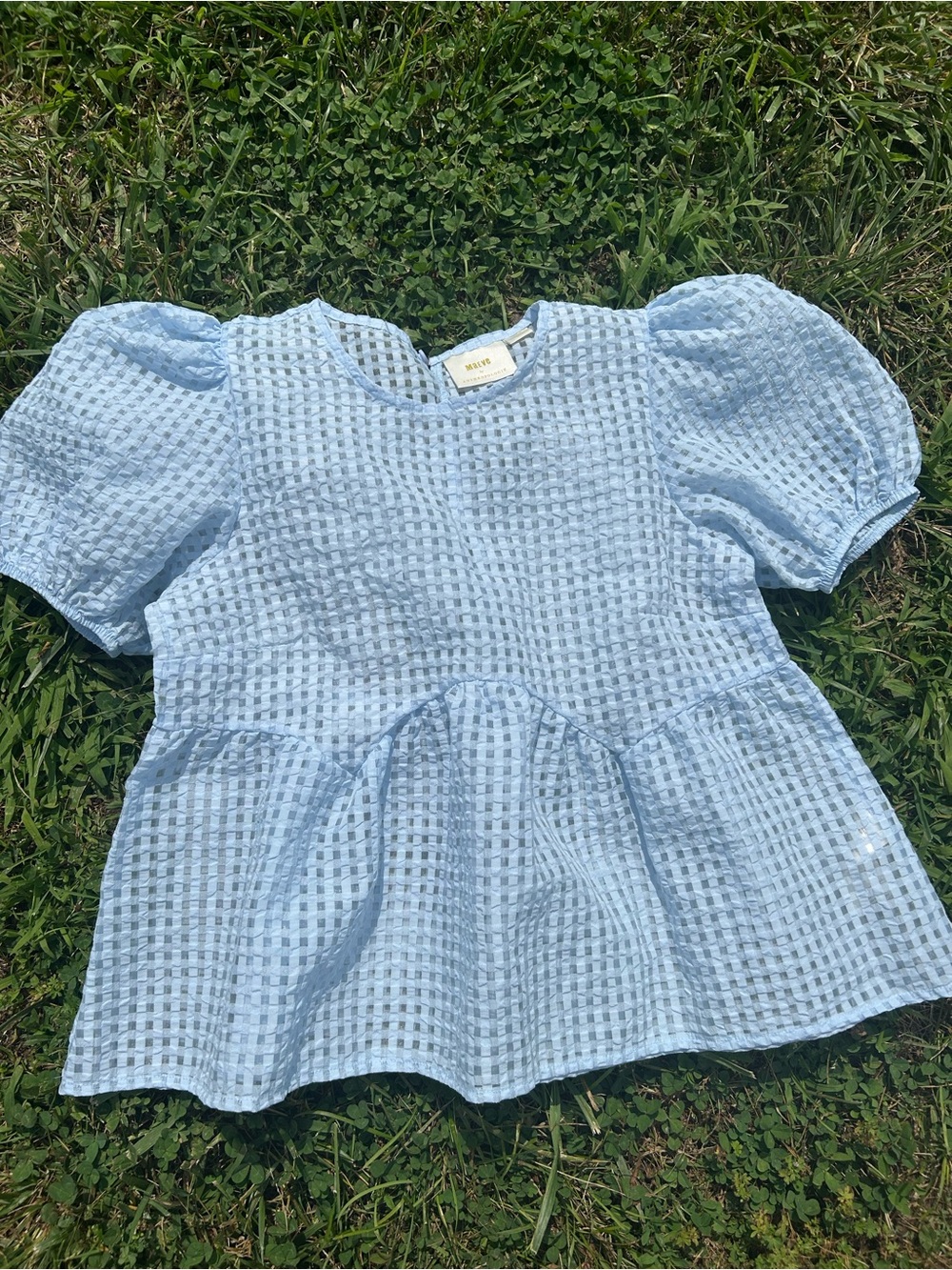 Anthropologie Mauve Light Blue Gingham Peplum Top